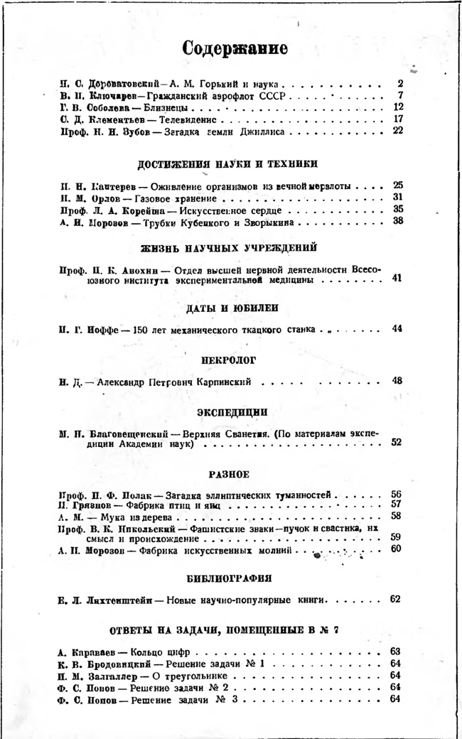 Содержание № 8, 1936